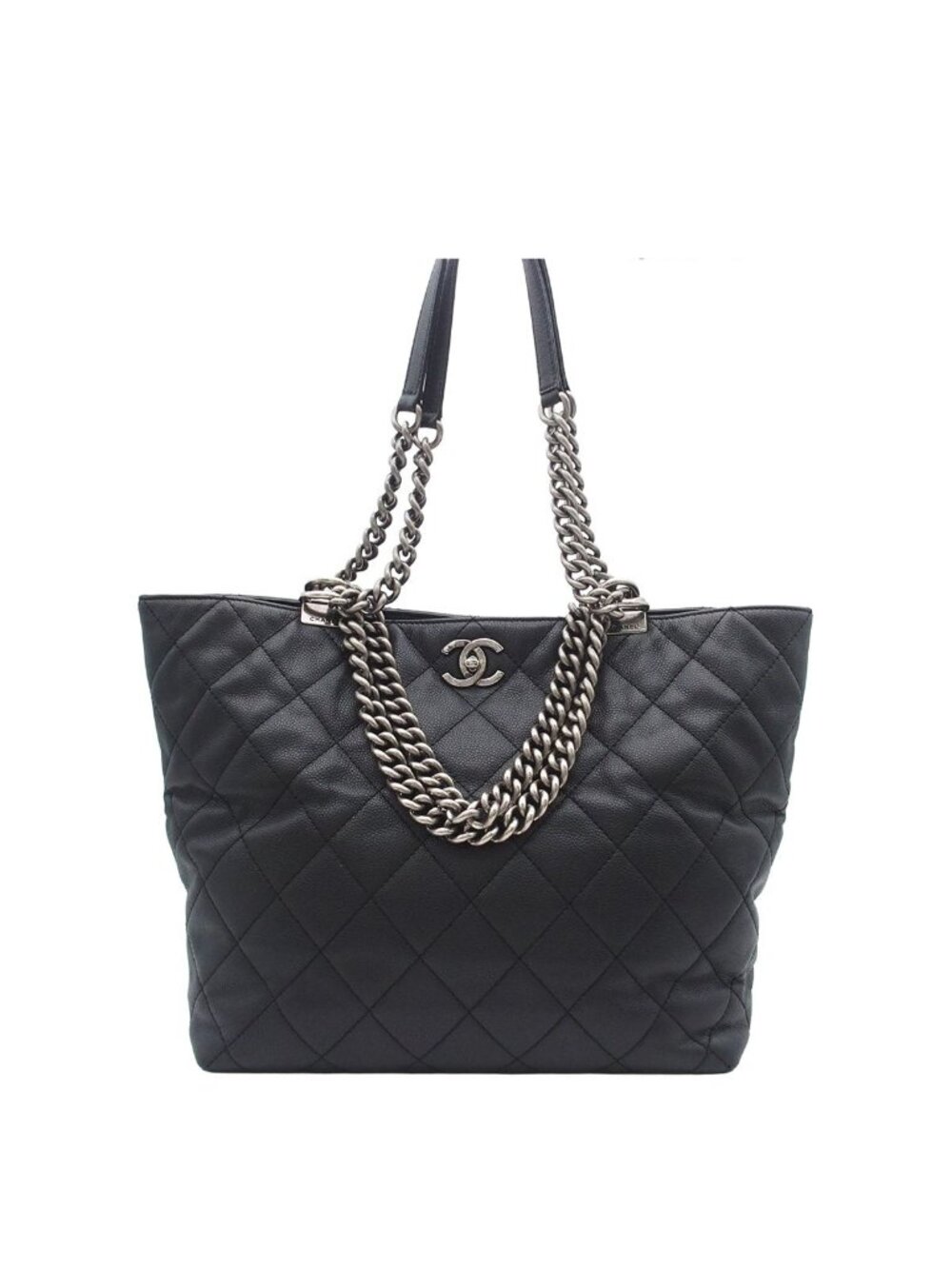 Chanel Chain Black Silver Caviar Leather Quilted CC Logo 2-Way Tote Bag